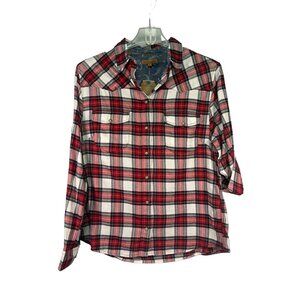Red White Black Plaid Button Down Flannel Shirt Long Sleeve Snap Pockets XL
